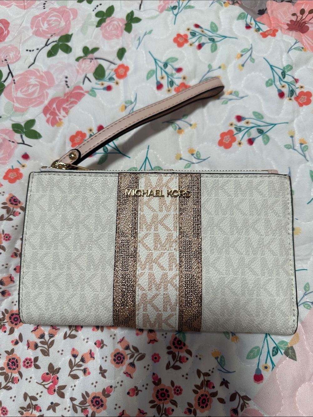 Michael Kors Ivory and Pale Pink Wristlet with Gold Logo